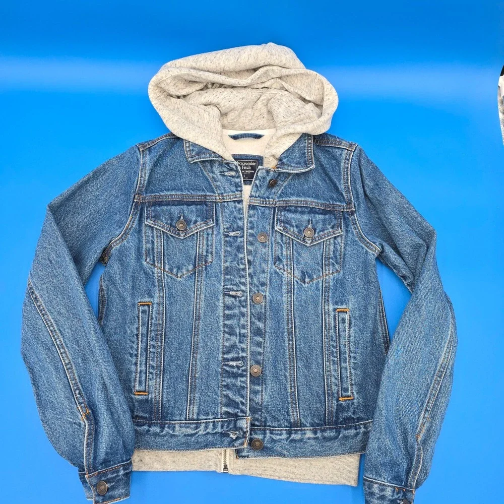 Abercrombie & Fitch Hooded Denim Jacket | Y2K Mixed Media Jean Hoodie - Picture 1 of 7
